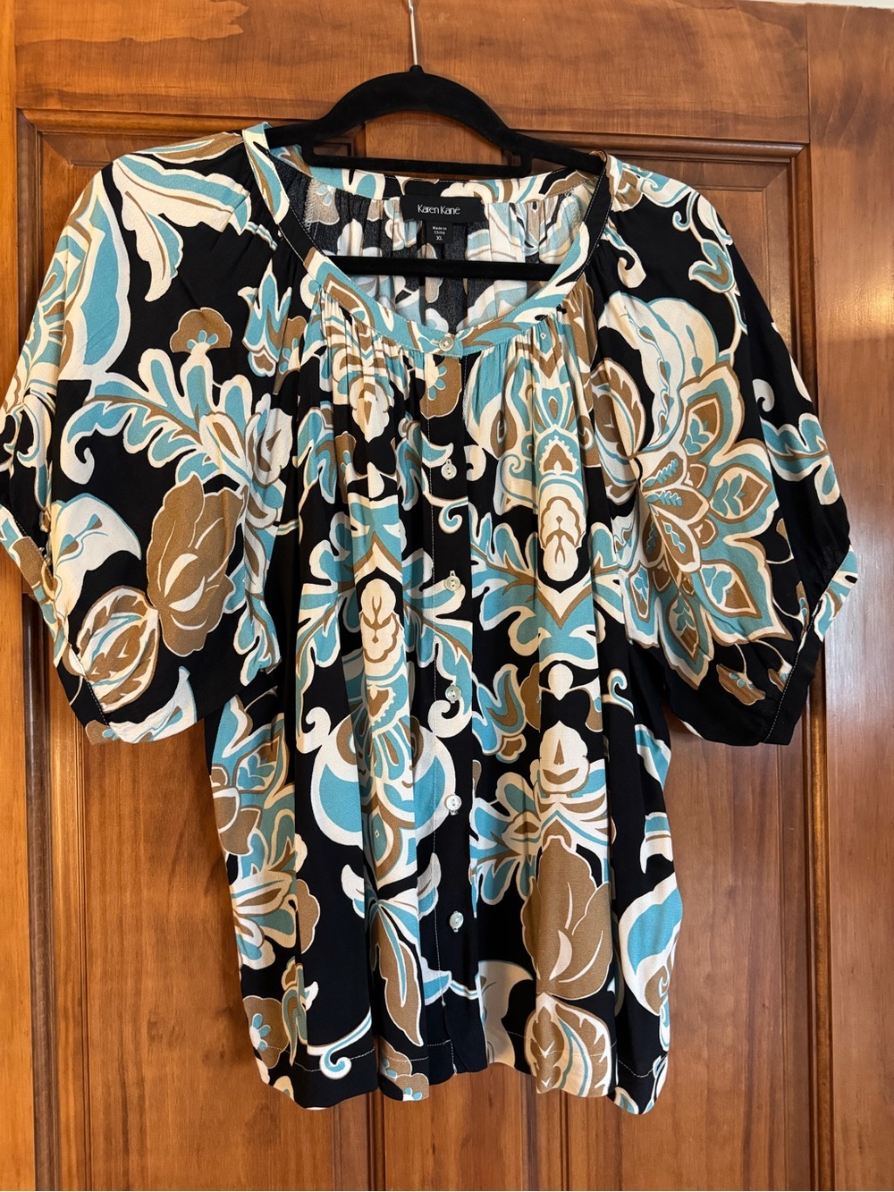 Karen Kane Black Floral Blouse with Teal and Tan Print
